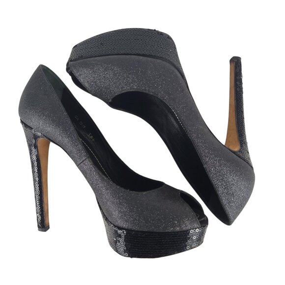 CHRISTIAN DIOR Heels 38.5 Gray Glitter Black Sequin Peep Toe Platform *FLAWS* - Picture 2 of 16
